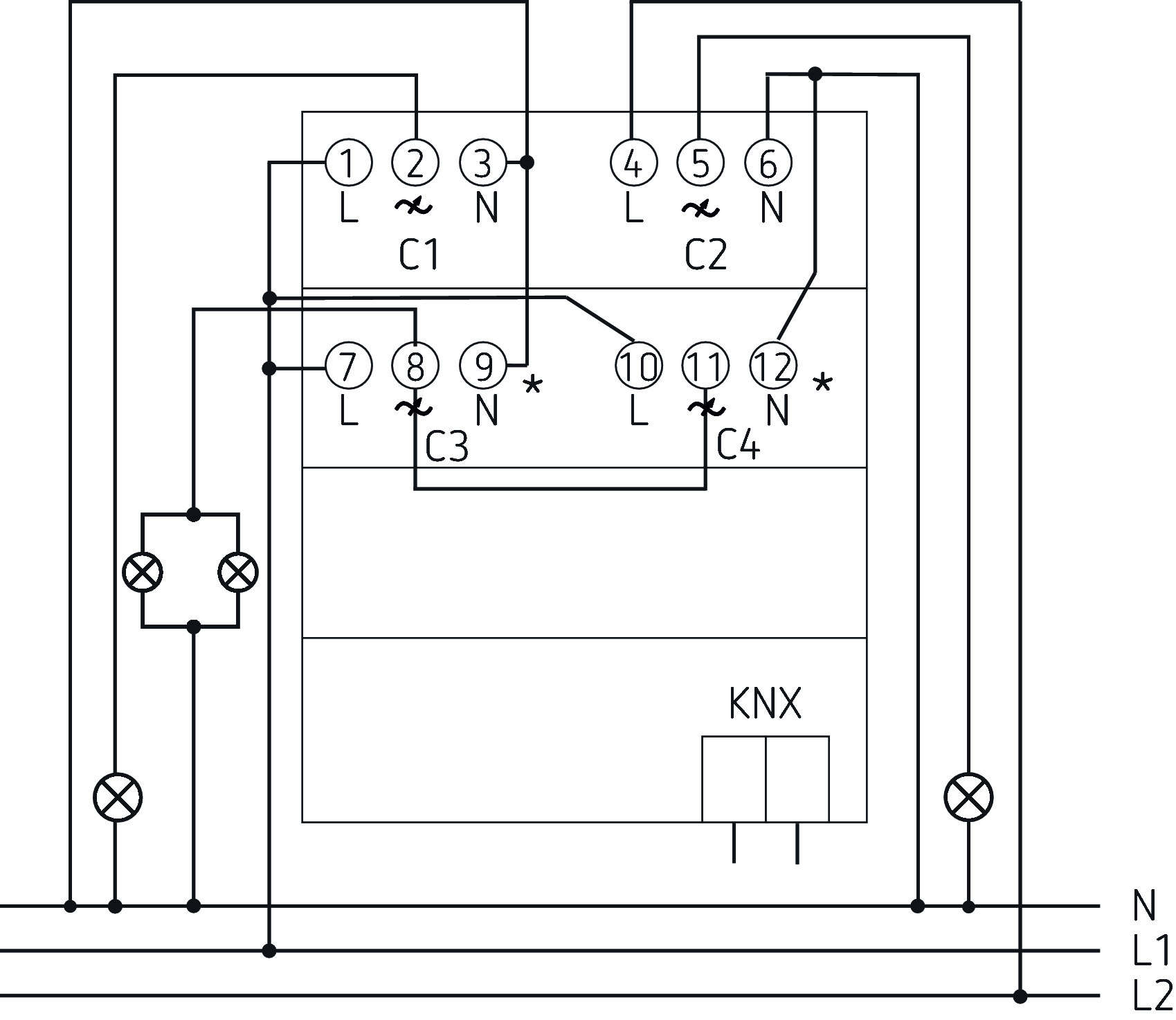 Theben DM 4-2 T KNX Universal-Dimmaktor 4-fach (4940280) - Schaltbild