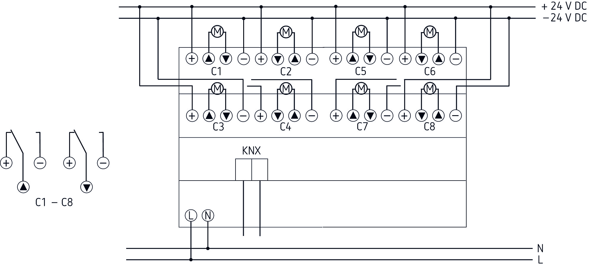 Theben JM 8 T 24V KNX Jalousieaktor 24V 8-fach (4940265) - Schaltbild