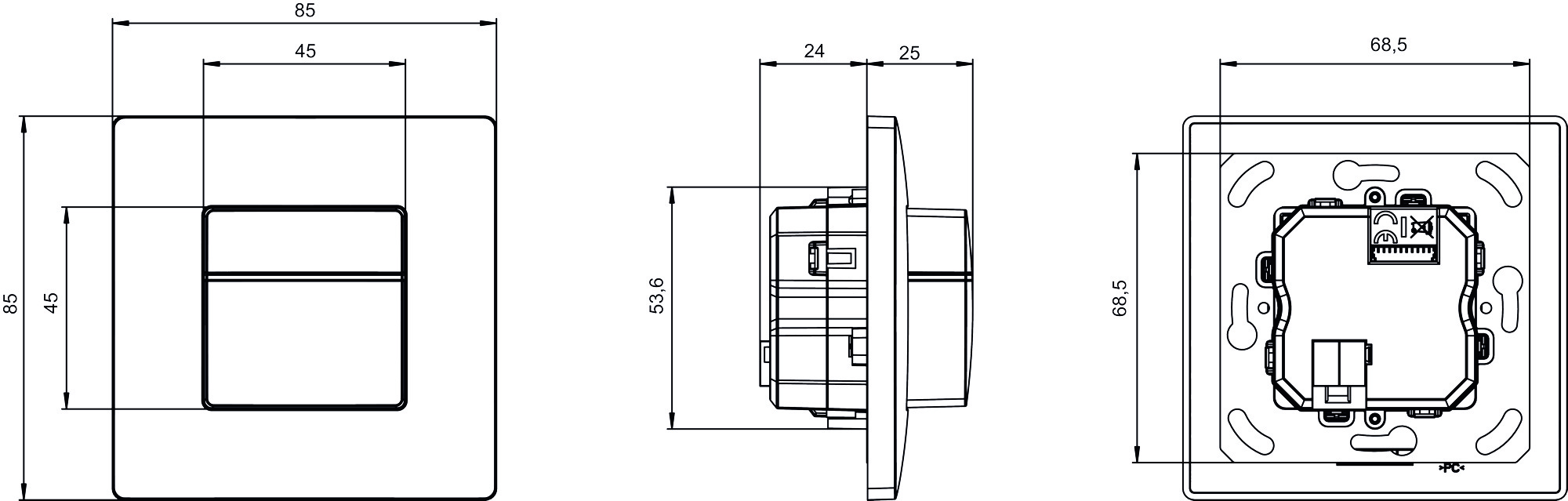 Theben theMura P180 2.20 KNX UP WH KNX-Präsenzmelder Wandmontage (2069658) - Maßzeichnung