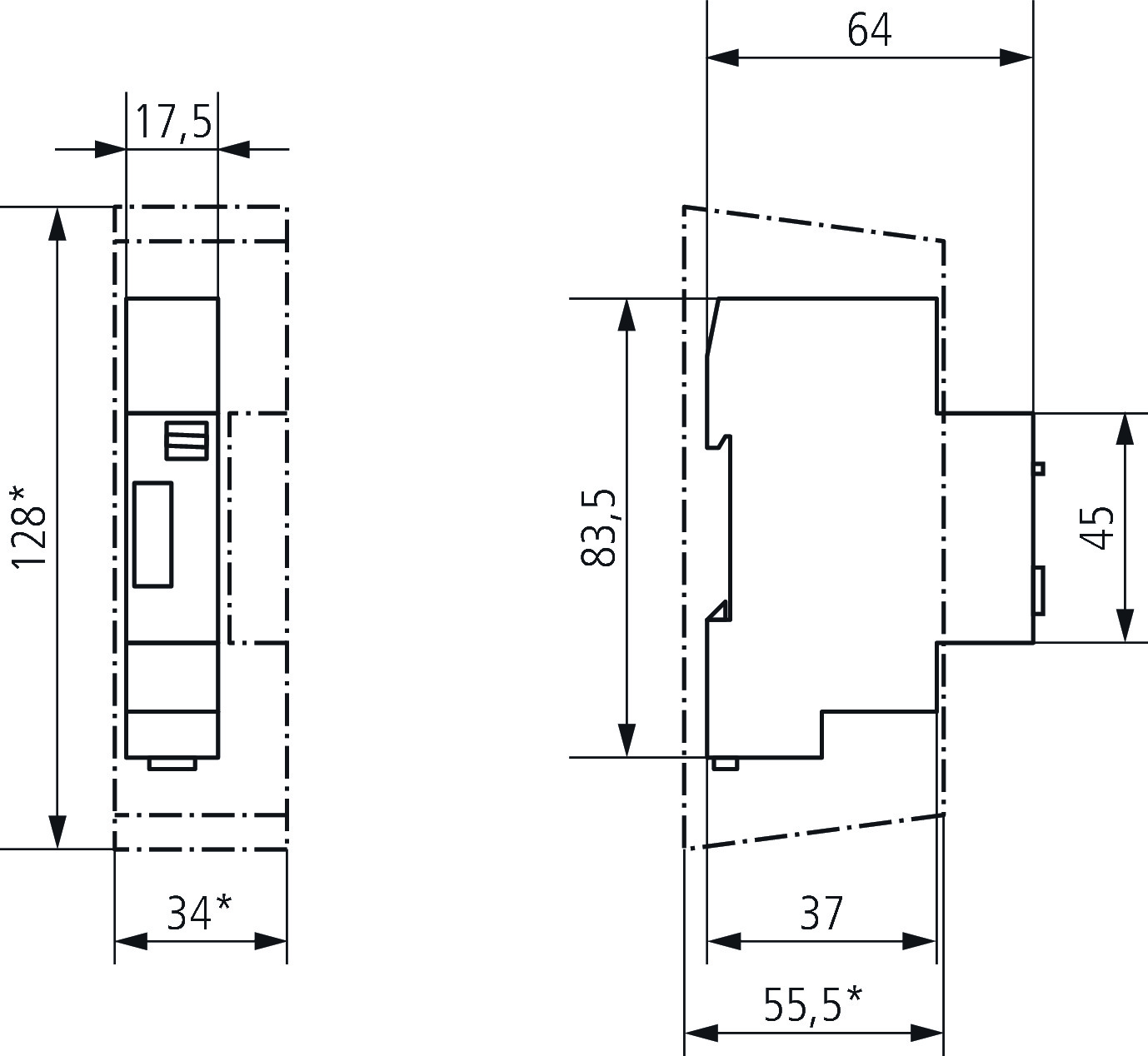 Theben ELPA 8 Reiheneinbau-Treppenlicht-Zeitschalter (TLZ) mit Synchronmotor (0080002) - Maßzeichnung