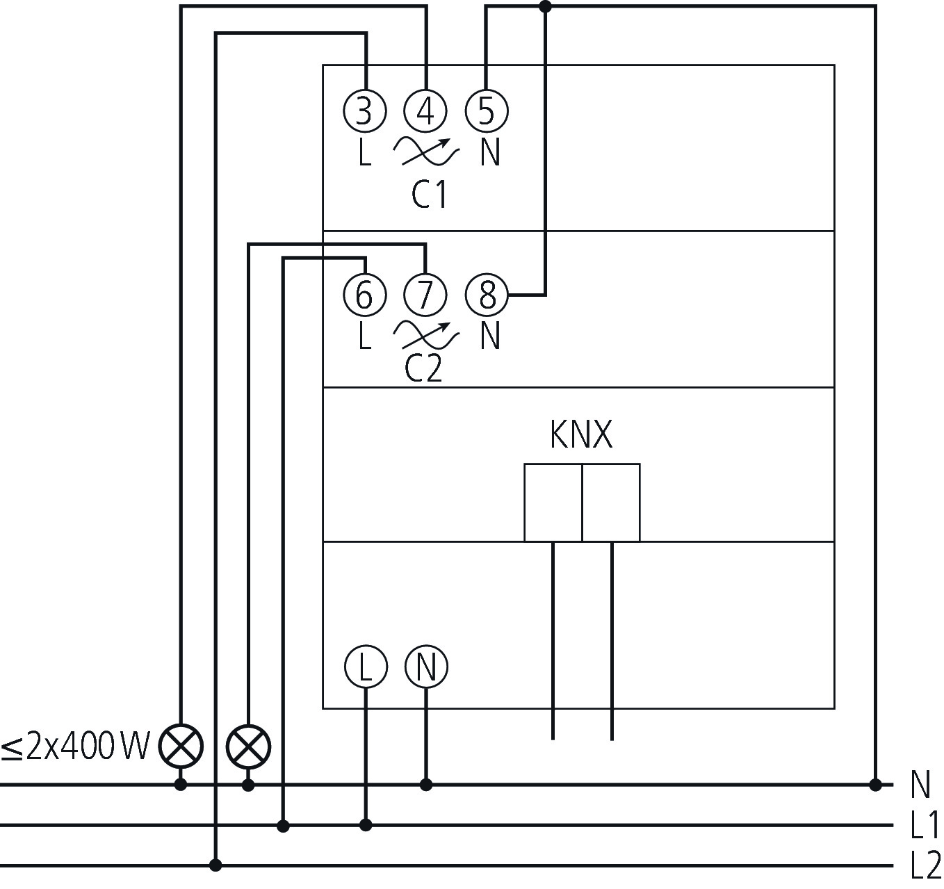 Theben DM 2 T KNX Universal-Dimmaktor 2-fach (4940270) - Schaltbild