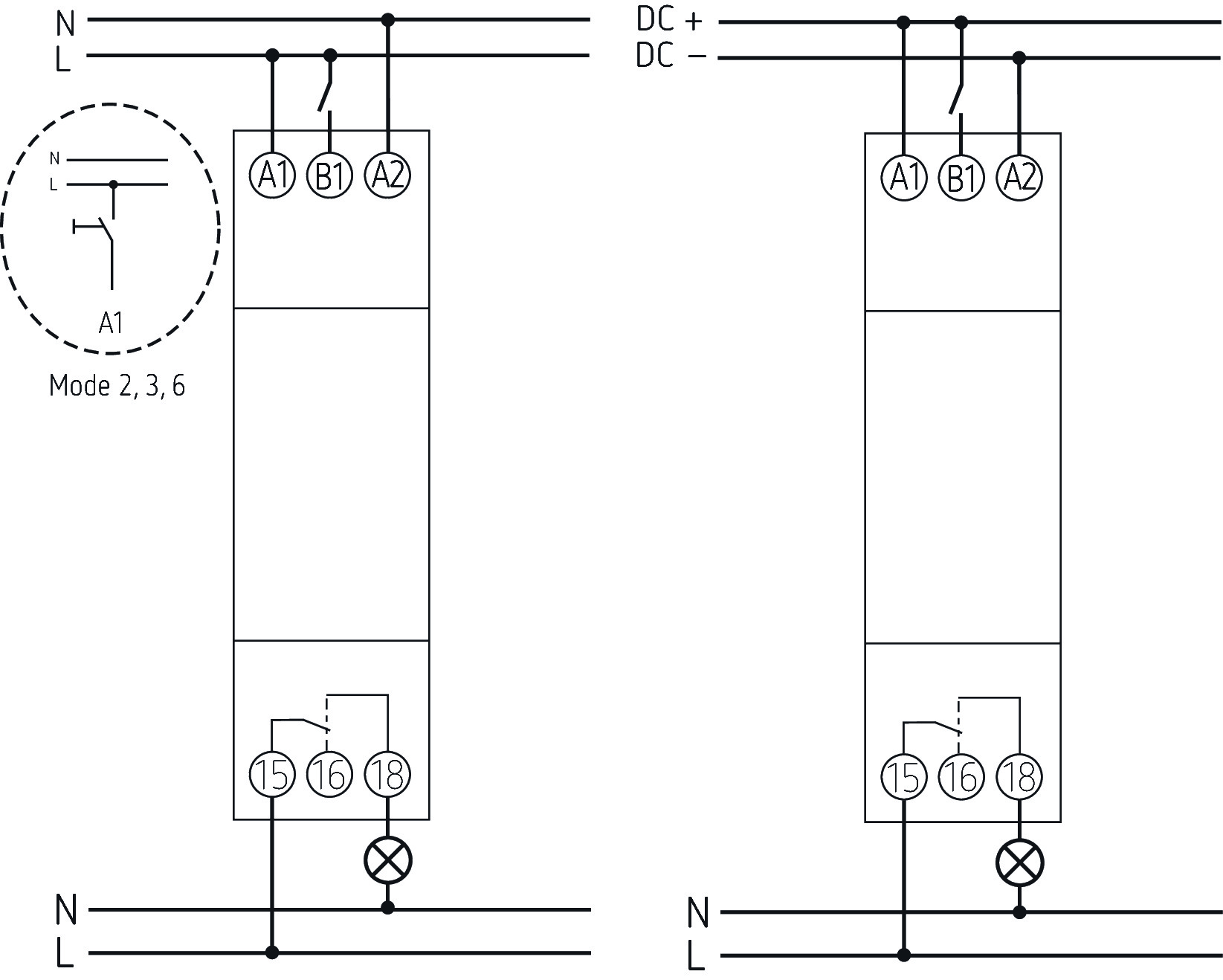 Theben TM 345 MF Elektronisches Zeitrelais DIN-Schiene mit 10 Betriebsarten (3450733) - Schaltbild