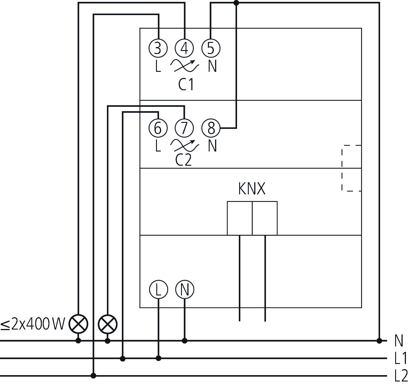 Theben DMG 2 T KNX Universal-Dimmaktor 2-fach (4930270) - Schaltbild